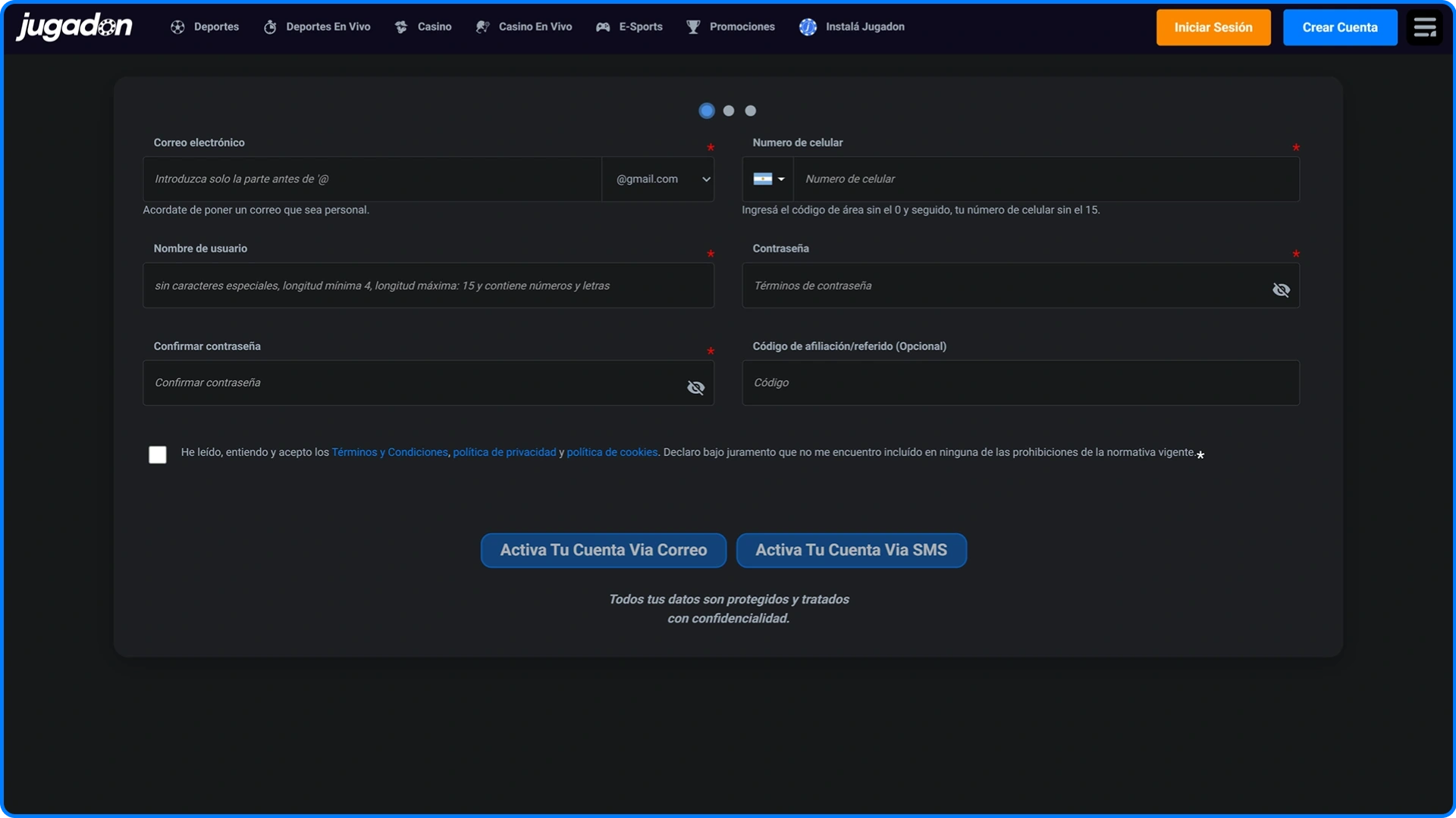Completa tu registro en Jugadon, empieza a ganar.